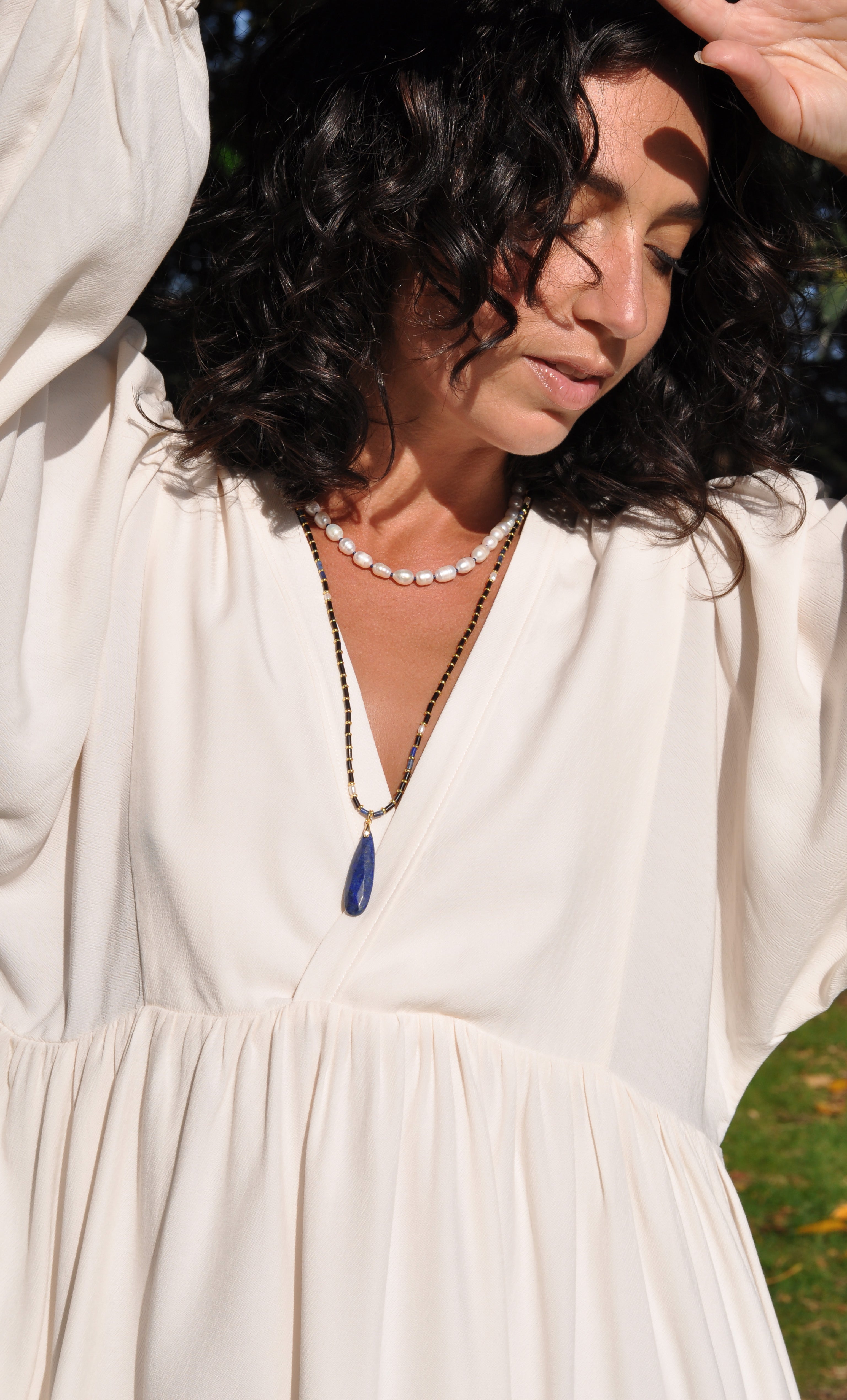 The Tunik Blue Moon Beaded Long Necklace